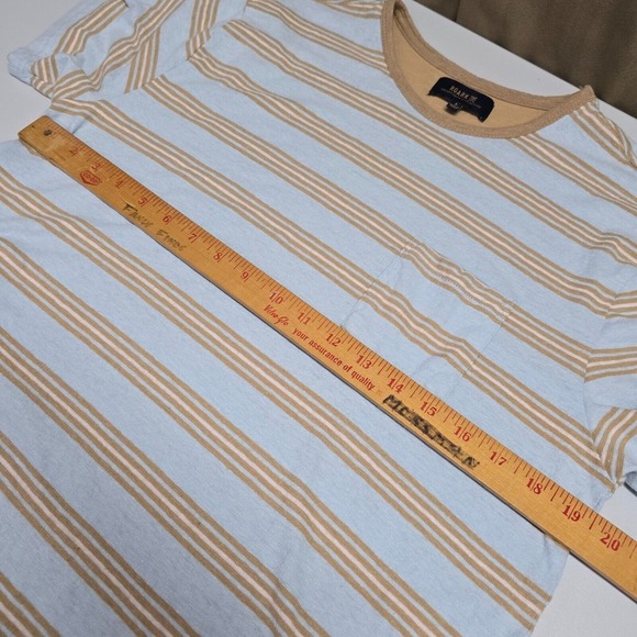 Roark Shirt Mens Large‎ Blue Brown Striped Short Sleeve Pullover Hemp Cotton - Picture 9 of 11
